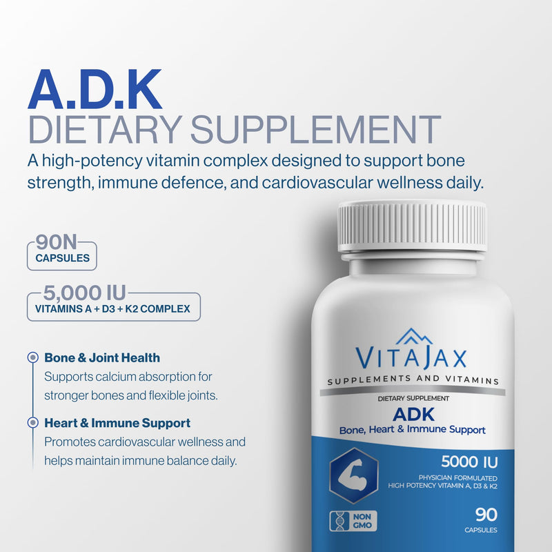 ADK - Vitamin ADK Supplement, 90 Capsules - High Potency Vitamin A, D3 (5,000 IU) K2 as MK-7 for Bone, Heart & Calcium Absorption – Non-GMO, Gluten Free (3 Month Supply) 90 Count (Pack of 1)