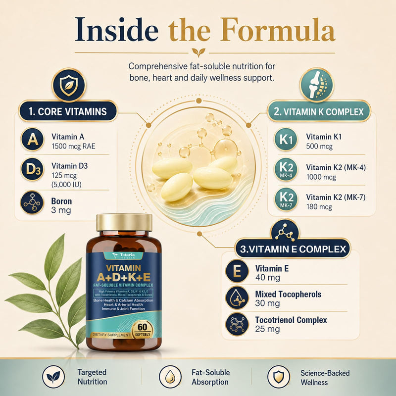 Totaria Advanced Vitamin D3 5,000 iu + A + K + E Softgel Supplement, ADKE Vitamin Supplement with Boron - Full Spectrum Vitamin E (Tocopherols & Tocotrienols) for Mood, Immune, Bone, Vision, Heart