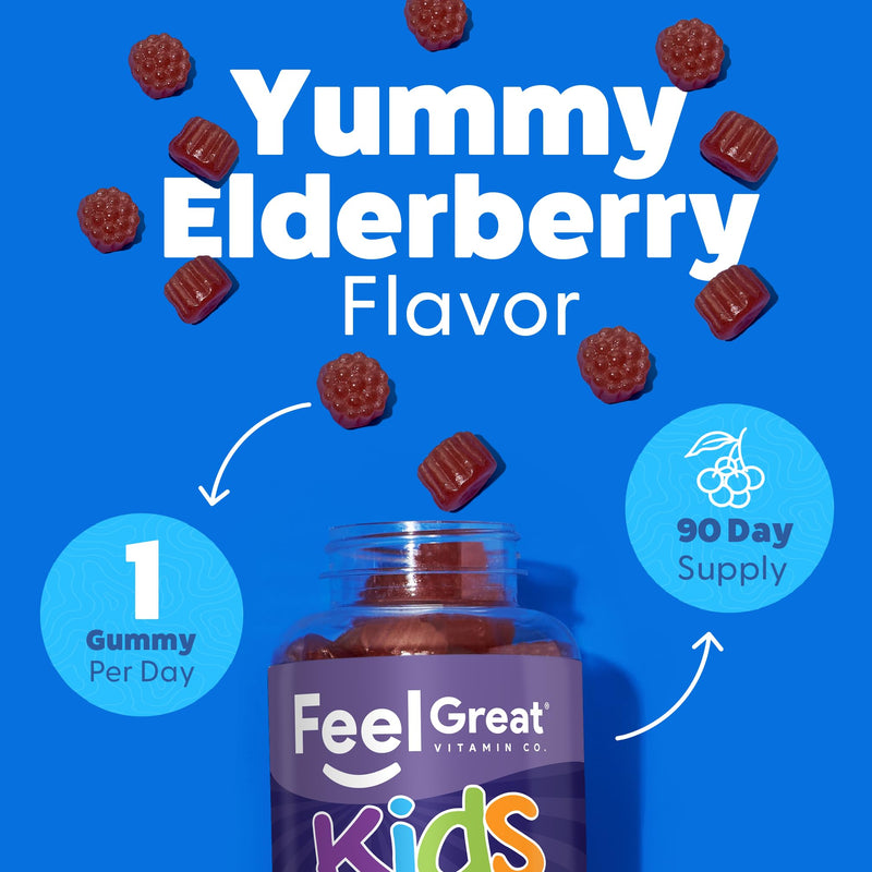 Feel Great Kids Elderberry Gummies, Vitamin C & Zinc, Immune, 90ct, 2 Pack | Triple Immune Support Formula, Vitamin C & Zinc, Vegan Elderberry Gummy for Winter Wellness 90 Count - 2 Pack