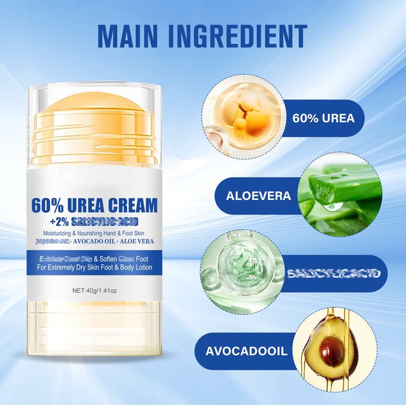 3PCS 60% Urea Hydrating and Anti-Cracking Foot Cream, Maximum Strength Urea Cream for Feet, Foot Lotion Stick for Heels, Dry Hands & Rough Knees, Smoothing Skin Women and Men
