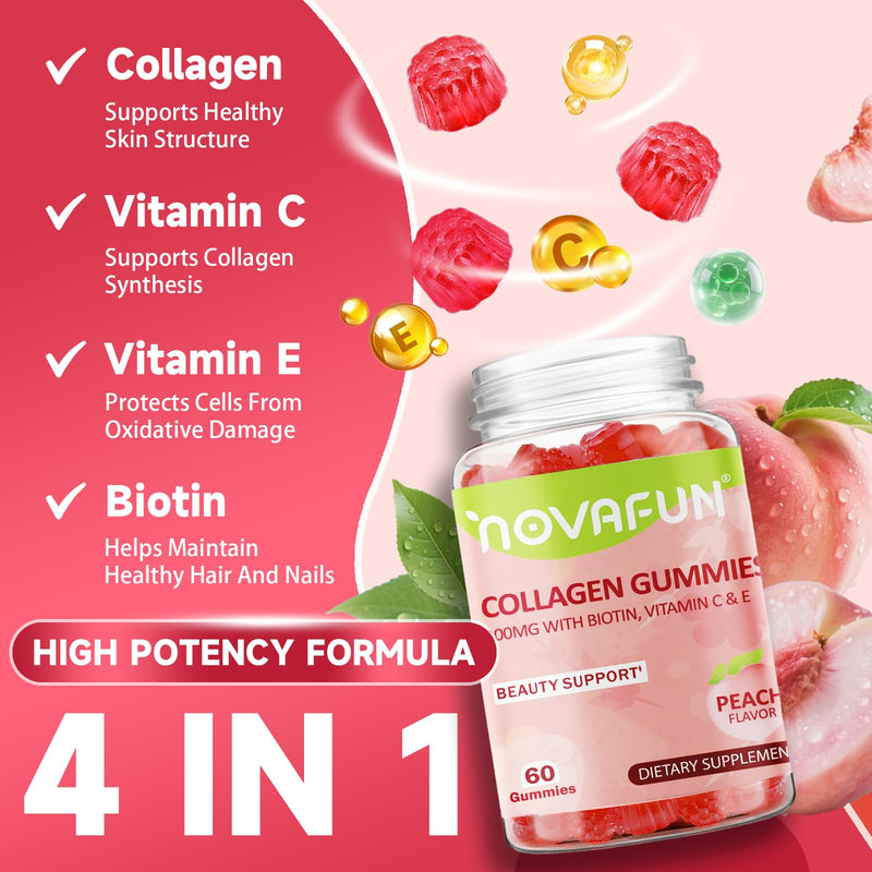 Collagen Gummies 300mg for Women, Hair, Skin & Nails, 60 Gummies | With Biotin & Vitamins C and E, Gluten-Free Vegetarian Gummies, Peach Flavor