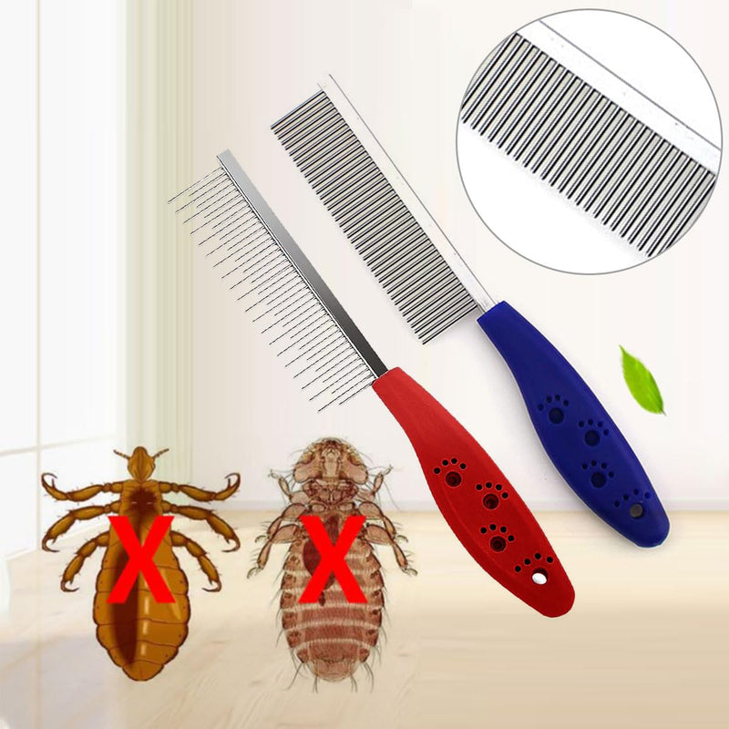 Cat fur comb, dog detangling comb, dog comb, combination comb for dogs, brush against fleas undercoat, cat comb with double-sided metal rounded teeth, flea comb for cats, cat comb, 2 pieces, red + blue - BeesActive Australia