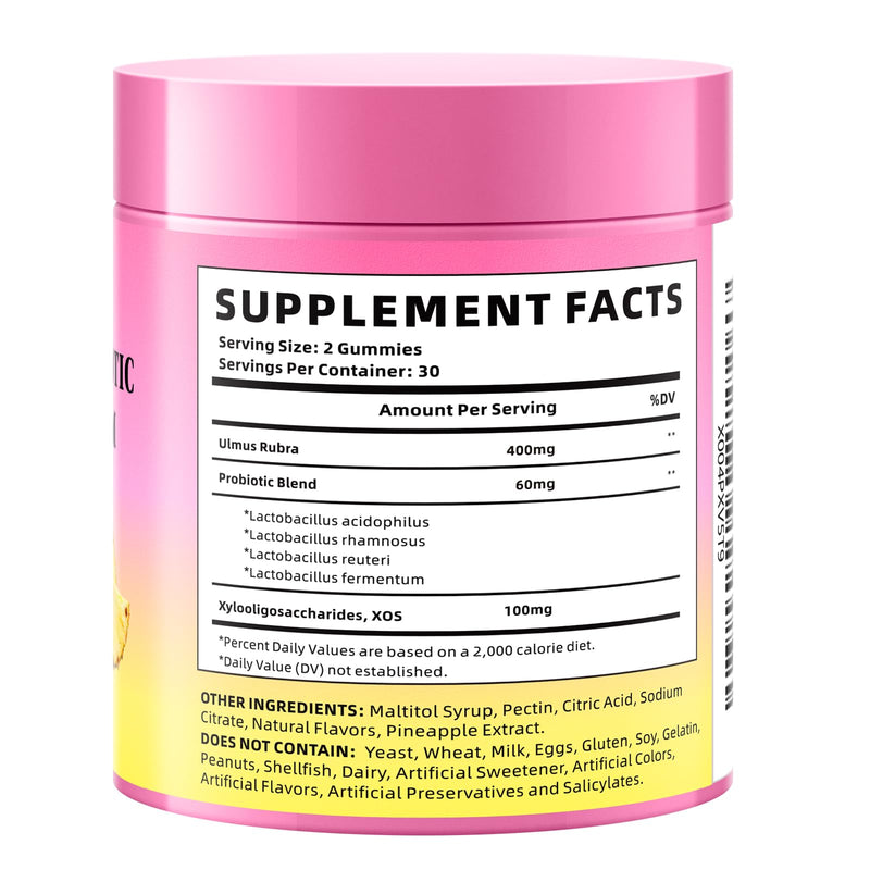 Women's Probiotics Slippery Elm Gummies, Sugar-Free Feminine Probiotics Gummies Support pH Balance, Gut Health & Immune System, Pineapple Flavor, 60 Count