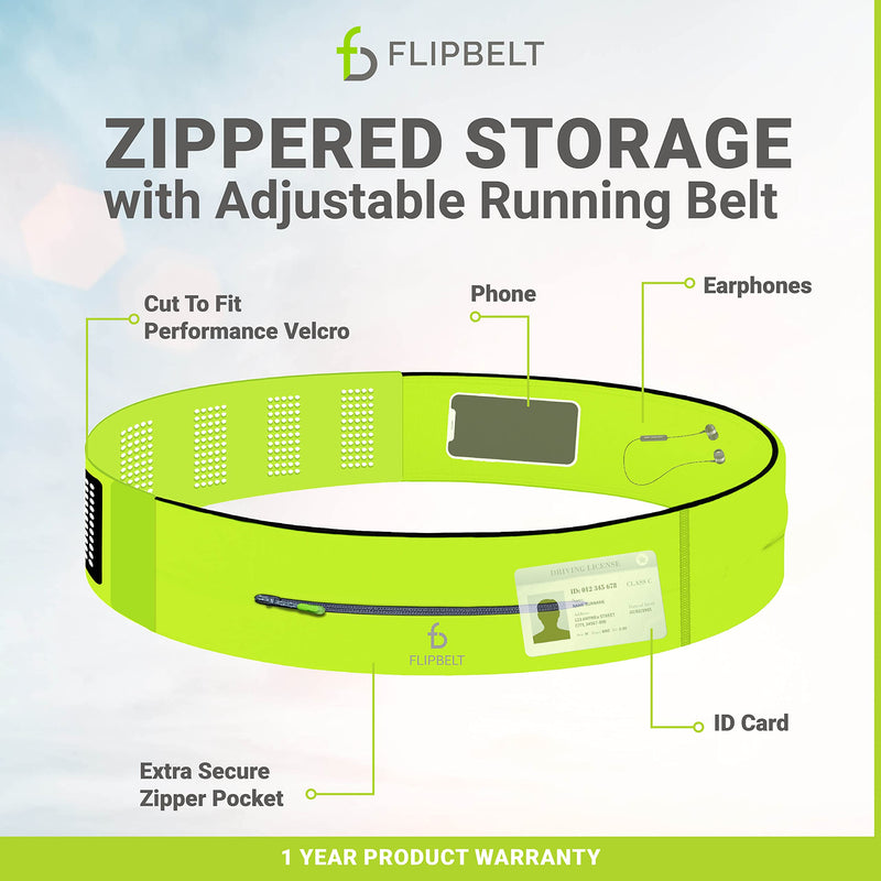 FlipBelt Adjustable Running Belt, Fitness and Running Fanny Pack for Women and Men, Non Chafing Waist Band Pack for Phone Keys Money, Moisture Wicking Storage Belt, USA Company Neon Yellow