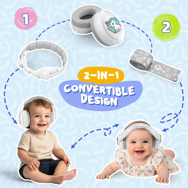 2-in-1 Baby Headphones for Noise Cancelling, Adjustable Ear Muff Noise Protection for Infant Toddler- Travel Essential White