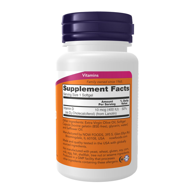 NOW Vitamin D-3 400IU, 180 Softgels (Pack of 3) 180 Count (Pack of 3)