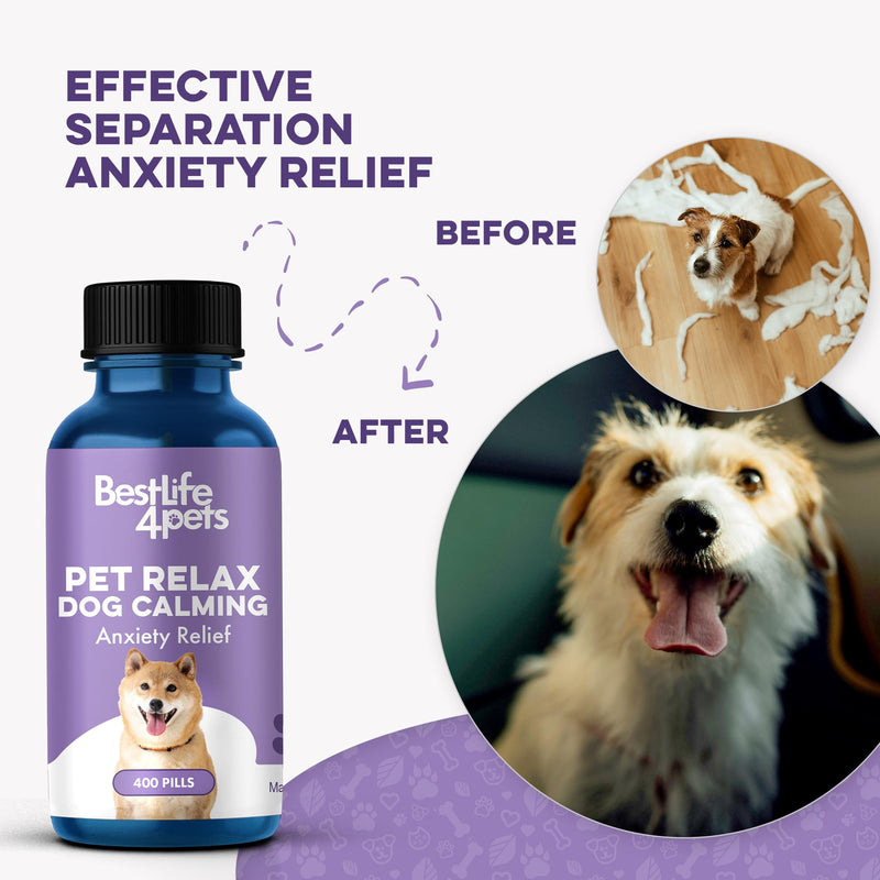 Pet Relax Dog Calming Anxiety Relief, Long-Lasting Dog Relaxants for Stress Relief, Natural Solution for Separation Anxiety, Travel, Thunderstorms, and Fireworks, 400 Odorless, Tasteless Pills Dog - 400 Pills - PawsPlanet Australia