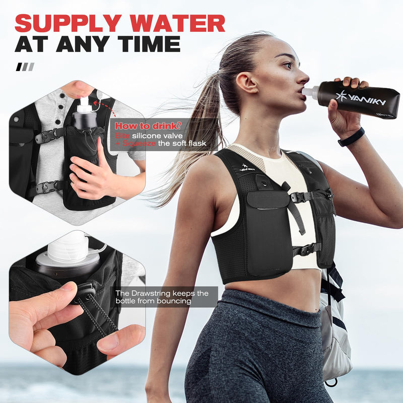 Running Vest for Women Men, Lightweight Breathable Hydration Vest with 500ml Soft Flask, Adjustable Reflective Running Vest with Pockets for Trail Running Hiking Medium-Black