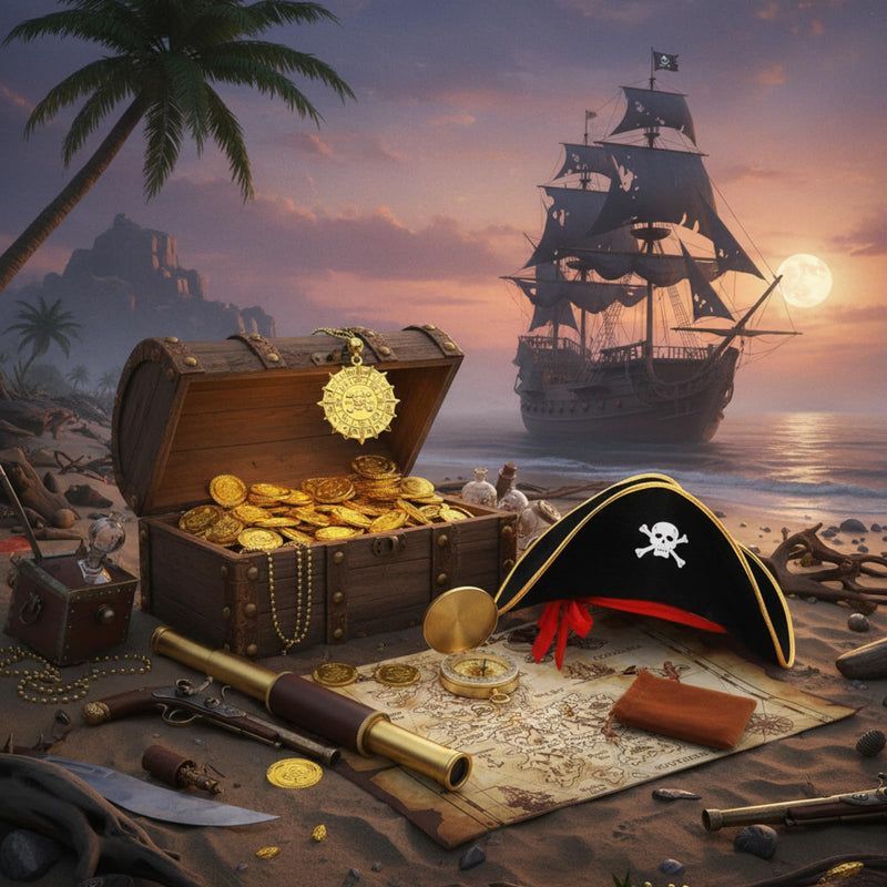 17 Piece Pirate Monocular Telescope Pirate Treasure Map Eye Patch Hat Pocket Compass Necklace Plastic Coins with Velvet Bag for Party Supplies