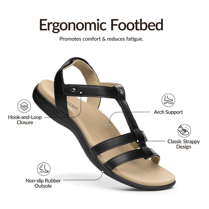 Rihero Women's Orthopedic Arch Support Walking Flat Sandals 8.5 Black