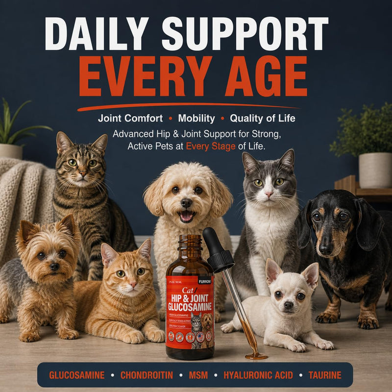 Furrow Liquid Glucosamine for Cats and Small Dogs — Hip & Joint Supplement with MSM, Chondroitin, Taurine & Hyaluronic Acid, Chicken Gravy Flavor — Joint Support for Pets Under 22 lbs