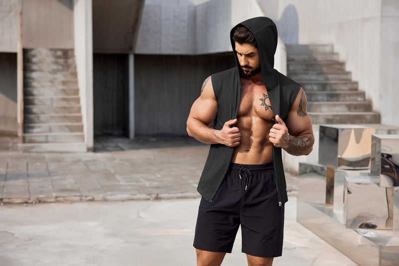 COOFANDY Men's Workout Hooded Tank Tops 2 Pack Zip Up Sleeveless Gym Shirts Muscle Cut Off T Shirt Bodybuilding Hoodies Medium Light Grey/Black(2pcs)