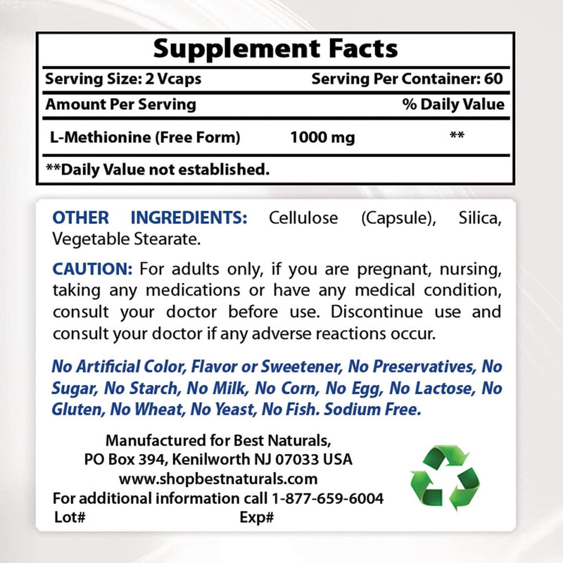 Best Naturals L-Methionine 500 mg 120 Veggie Capsules 120 Count (Pack of 1)