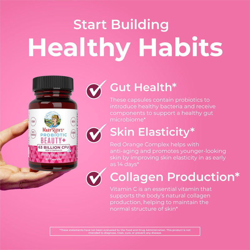 MARYRUTH'S Probiotic Beauty Capsules, Gut Health, Vegan Collagen Support | Red Orange Complex & Ceramosides, Anti Aging, Hair Skin and Nails Vitamins 60 Count (Pack of 1)
