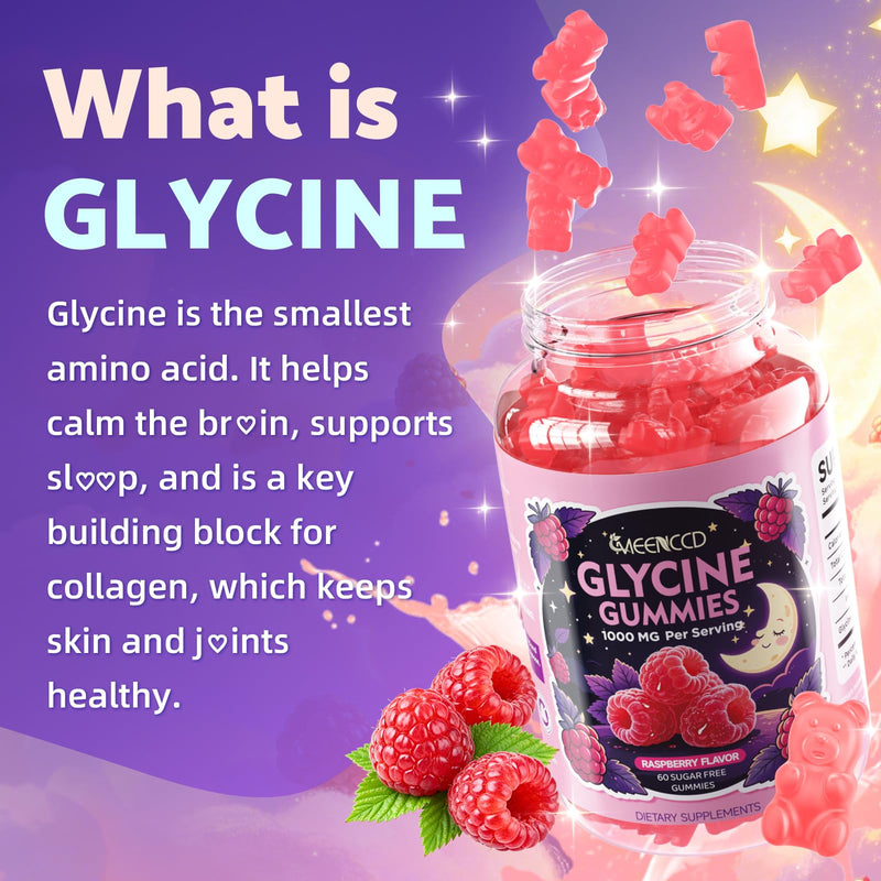 2 Pack Glycine Gummies, Glycine Supplement for Relaxation and Nerve Support | Sugar-Free, Vegan, Non-GMO, Raspberry Flavor, 120 Count 60 Count (Pack of 2)