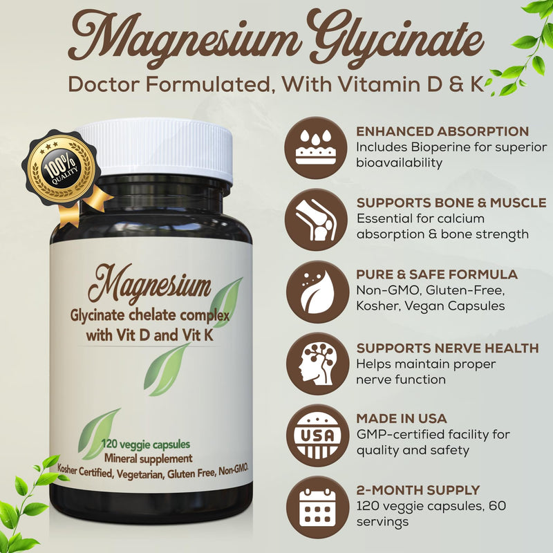 Magnesium Glycinate 500mg with Vitamin D3 + K2 – Small Easy-to-Swallow Capsules for Sleep, Muscle, Bone & Heart Support – Doctor Formulated, Non-GMO, Made in USA -120 Capsules