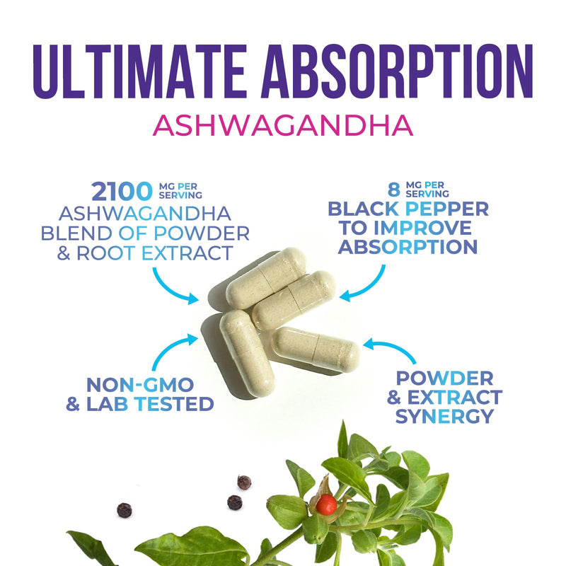 Ashwagandha Supplements - Best Ashwagandha Root & Powder Capsule with Black Pepper for Max Absorption - Naturally Calm & Unwind for Women & Men - Vegan, Gluten Free, USA Bottled - 120 Capsules 120 Count (Pack of 1)