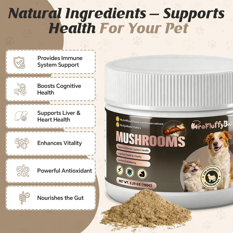 Turkey Tail Mushroom Natural Supplement for Dogs & Cats - 150g Pet Mushroom Powder Complex for Immune & Gut Support Brain Health and Digestion Liver & Heart Health, for Lumps and Bumps