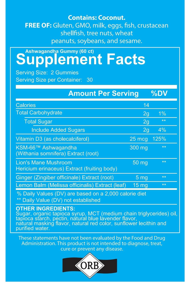 Ashwagandha KSM 66 Lions Mane Gummies 60 Count | Vitamin D, lemon balm and ginger, vegan, non GMO, gluten free, Kosher certified, mixed berry flavor, 30 day supply 60 Count (Pack of 1)