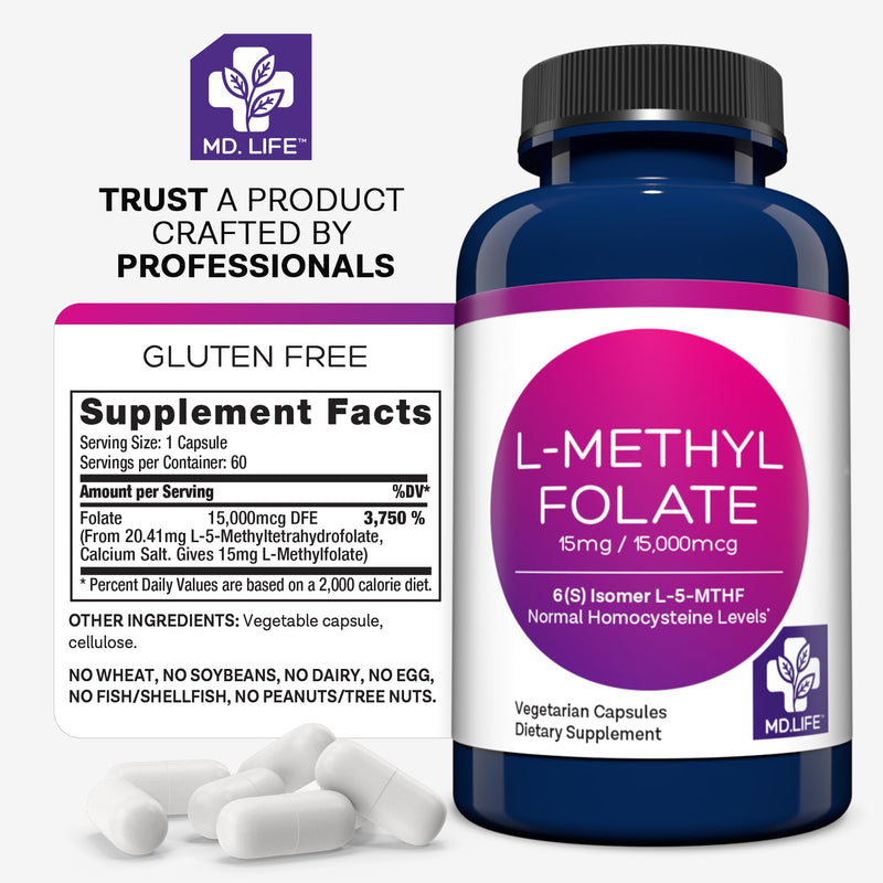 MD. Life L-Methylfolate 15 mg, Professional Grade, 60 Capsules, 5-MTHF | Active L-Methylfolate Supplement with Essential Amino Acids - Maximum Potency MTHFR Support - Doctor Designed, Made in USA 1 Count (Pack of 60)