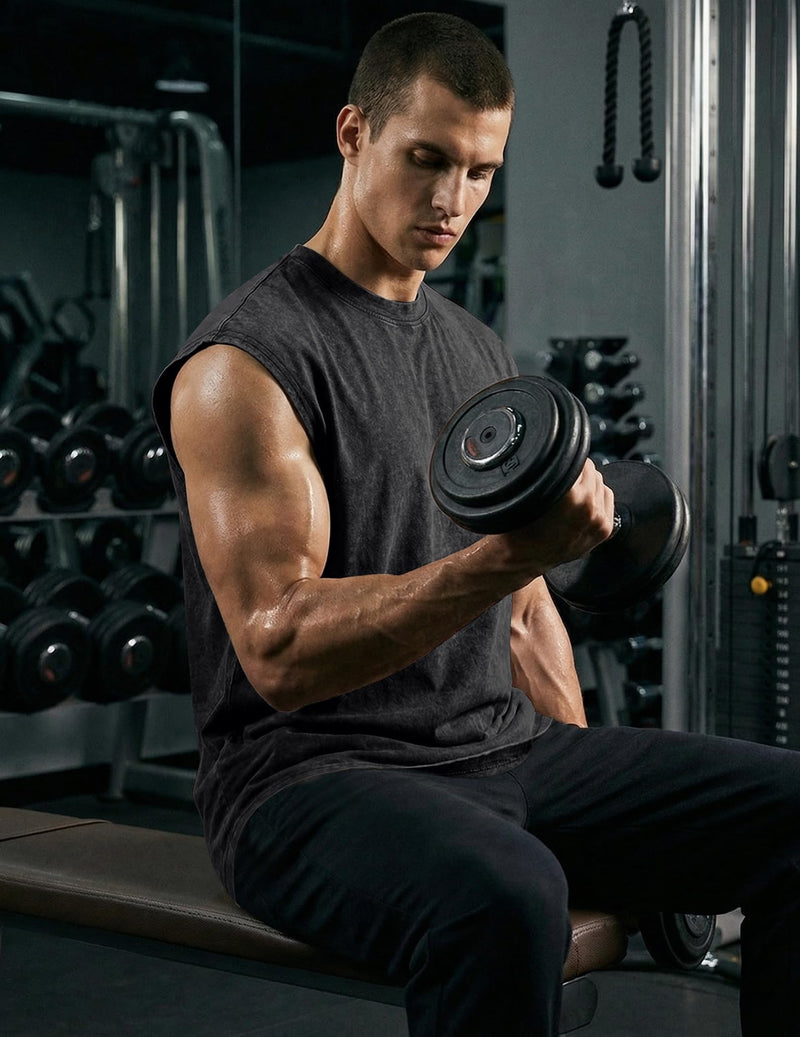 JMIERR Men's 100% Cotton Washed Sleeveless T-Shirt Crew Neck Muscle Tank Top for Summer Casual Gym Workout Medium Black - BeesActive Australia