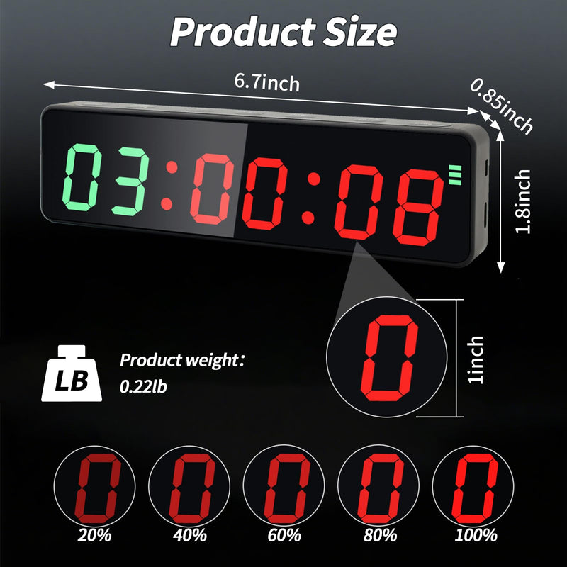 Portable Gym Timer Clock with Powerful Battery, Workout Timer for Home Gym with Brightness Adjustable for Countdown/Up/Stopwatch/HIIT, Digital Gym Stopwatch for Gym/Garage/Boxing/Fitness 1 inch-Black - BeesActive Australia