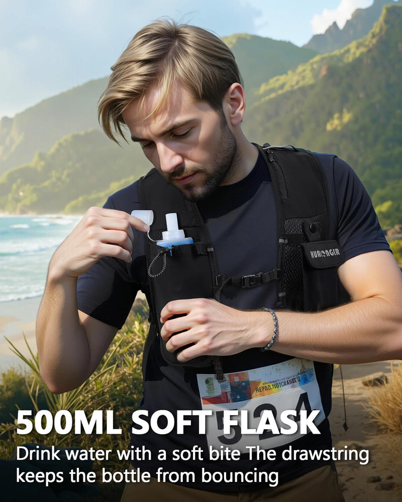 Running Hydration Vest for Women Men,Lightweight Breathable Hydration Pack with 500ml Soft Flask, Adjustable Chest Straps Reflective Backpack for Trail Running Marathon Race Jogging Cycling Black