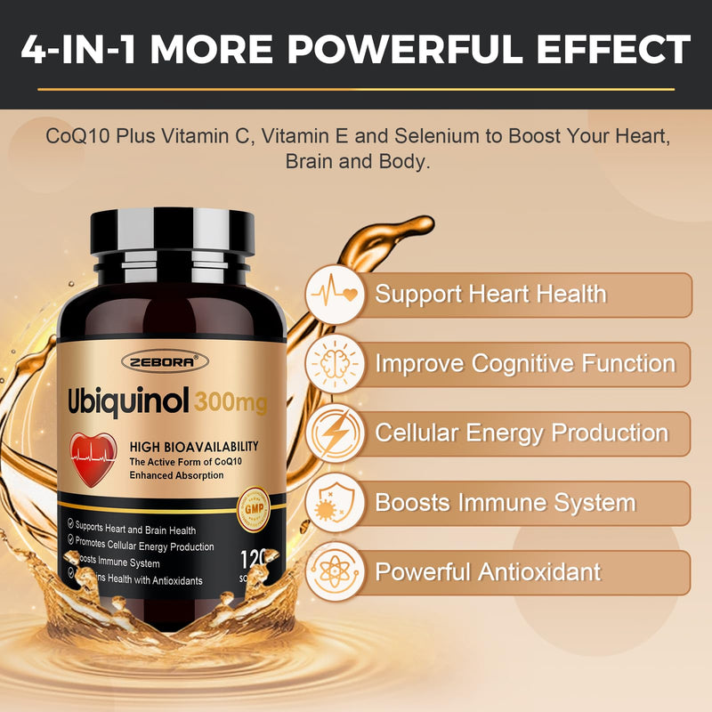 ZEBORA Ubiquinol CoQ10 300mg Softgels, 120 Servings | 4-in-1 Powerful Antioxidant, Heart and Vascular Health, Essential for Energy Production, Max Absorption Active Form of CoQ10 120 Count (Pack of 1)