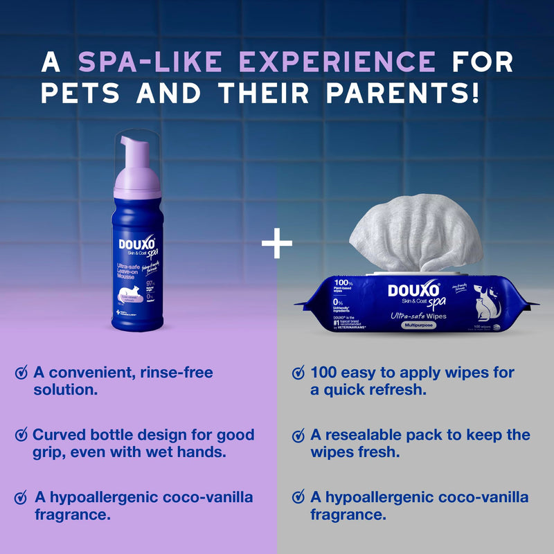 DOUXO Spa Complete Cat Bundle – No-Rinse Mousse & Wipes for for Stress-Free, Waterless Skincare - 97% Natural Ingredients, No Nasties