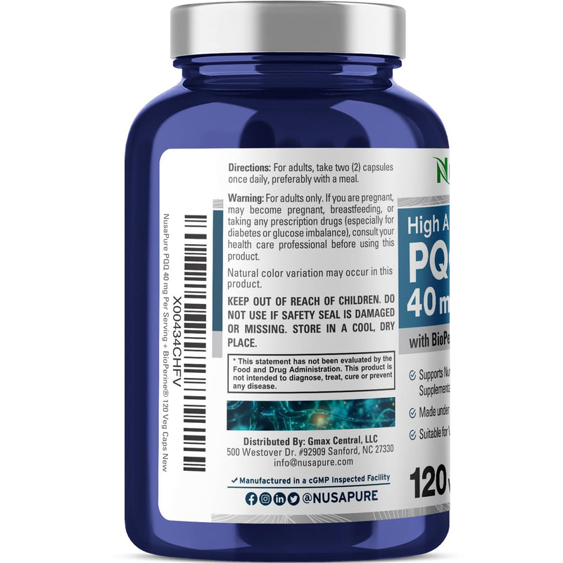 NusaPure PQQ Supplement 40 mg, 120 Veggie Capsules, Non-GMO, Pyrroloquinoline Quinone Disodium Salt, Bioperine 120 Count (Pack of 1)