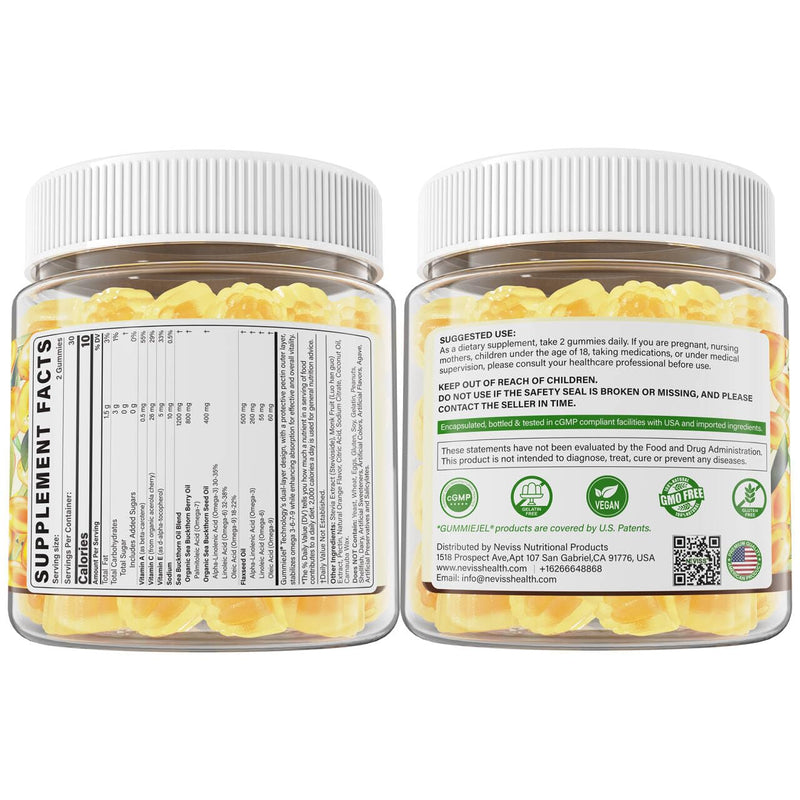 Omega 3-6-7-9 Gummies, Sea Buckthorn Oil 1200MG, Flaxseed Oil 500MG, 120Cts | Organic Omega 7 Supplement w/Vitamin A, C, E, Fatty Acids, No Fish Taste, Supports Skin, Eye, Immune, Brain Health, Vegan 60 Count (Pack of 2)