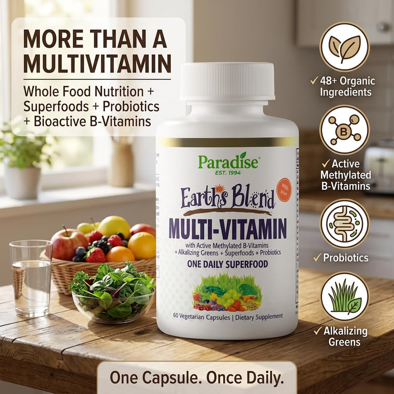 Paradise Herbs & Essentials Once Daily Multivitamin Iron 60 Capsules | Organic superfoods, probiotics, and vitamins A, B12, C, D, K2 in a dietary supplement for immune and bone support. With Iron 60 Count (Pack of 1)