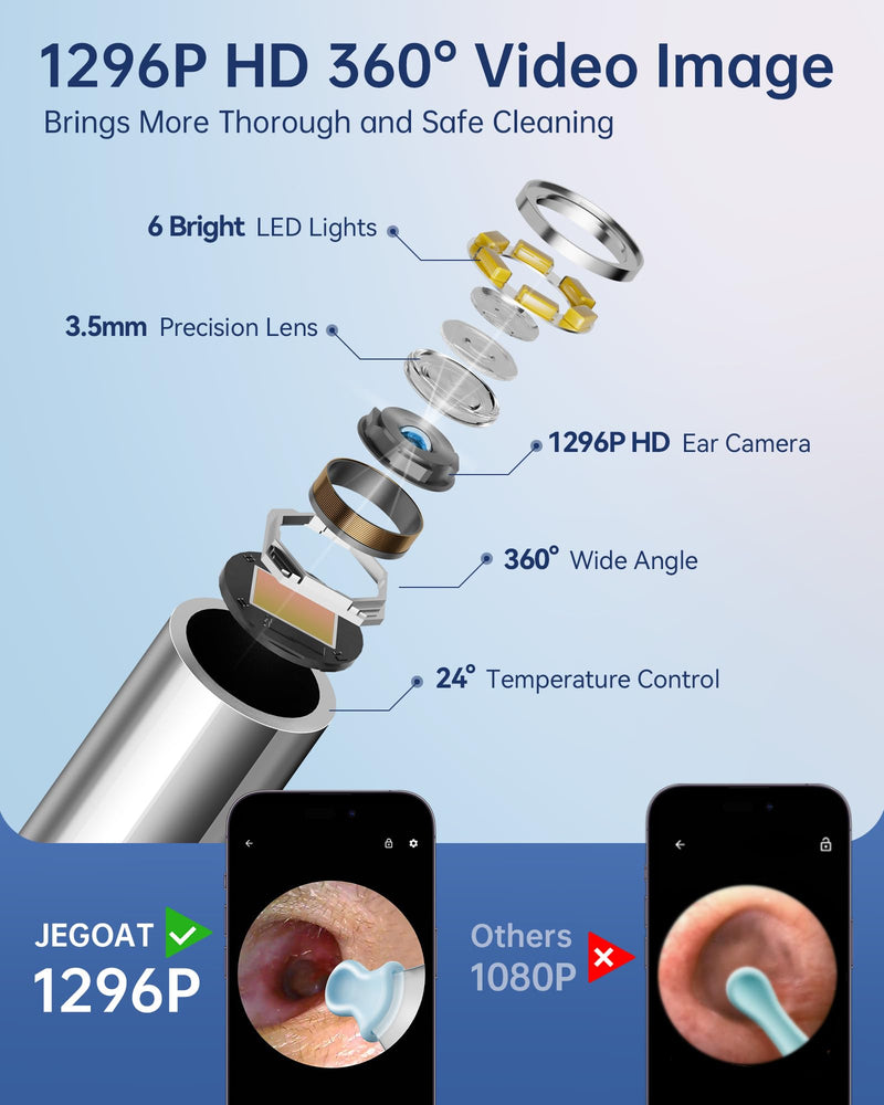 Ear Wax Removal, Ear Wax Removal Tool Camera with 1296P HD Camera and 6 LED Lights, Ear Cleaner with 10 Ear Pick, Upgraded Ear Wax Removal Kit for iOS and Android, Black Jet Black - BeesActive Australia