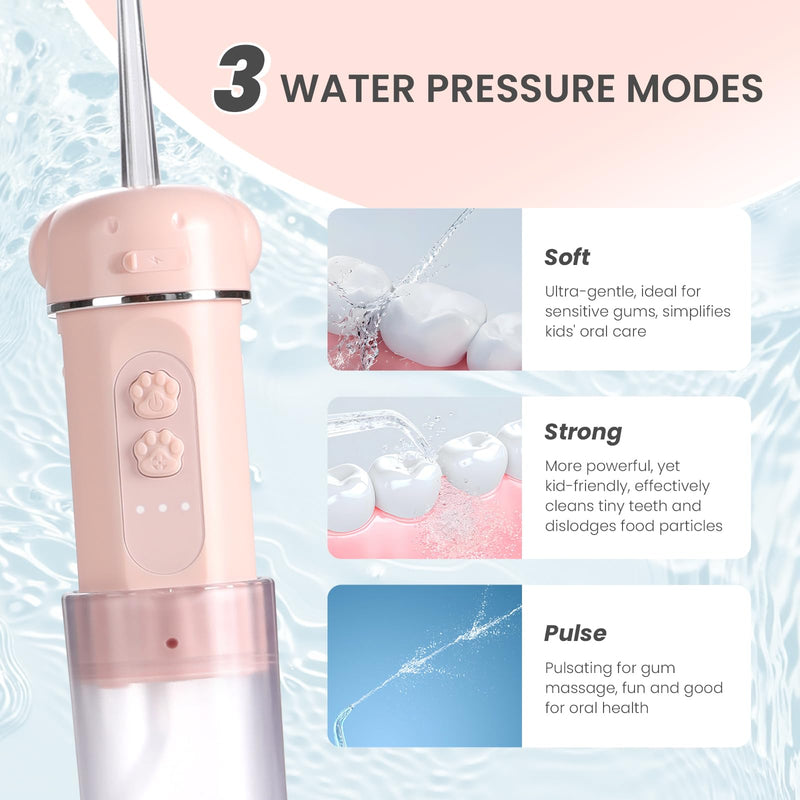 Kids Water Dental Flosser, Portable Water Flosser for Teeth 150ML Rechargeable Oral Irrigator with 3 Modes & 4 Nozzles, IPX5 Waterproof for Home and Travel Pink