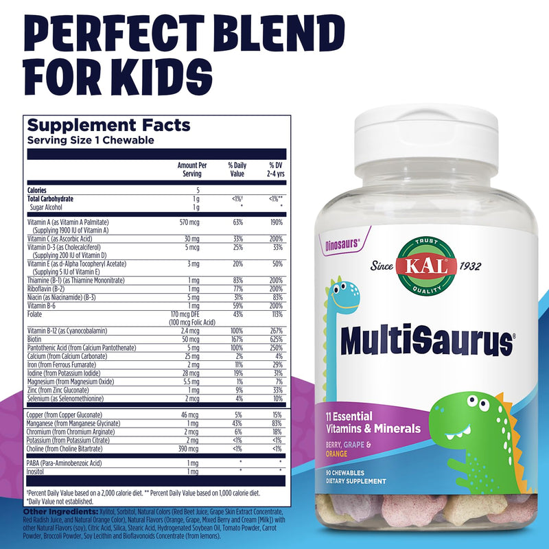 KAL MultiSaurus Kids Chewable Multivitamins, 11 Essential Vitamins and Minerals for Kids, Berry, Grape, Orange Chewables, Gluten and Fructose Free, 90 Servings, 90 Dinosaur-Shaped Chewables | Mixed Berry Dinosaur Chewables, Daily Multivitamin for Child...