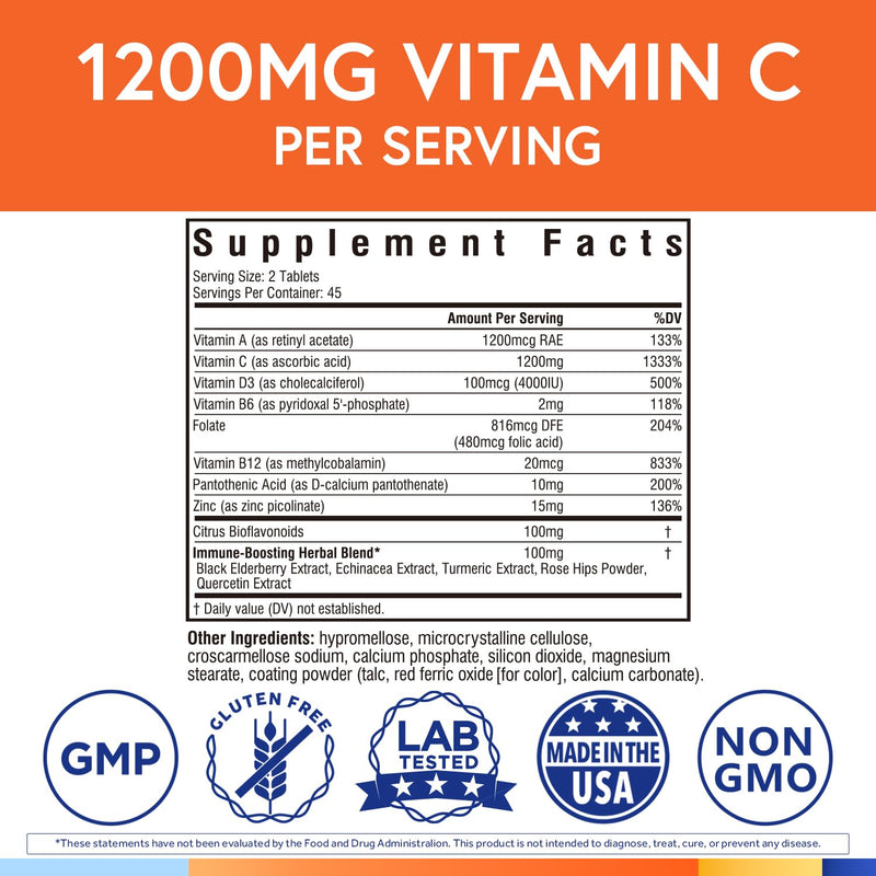 Terranics Vitamin C Elderberry Zinc, with Vitamin D3, A, B6, B12, Folate, Rose Hips, Citrus Bioflavonoids, Turmeric, Echinacea, 14-in-1 Daily Immune Support, 90 Tablets