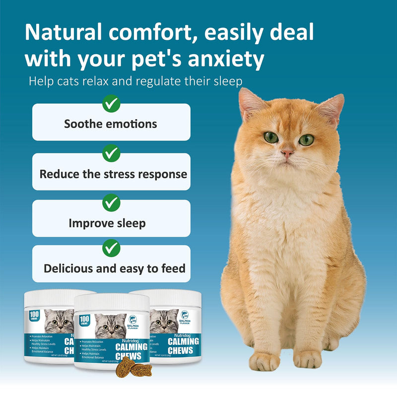 Cat Calming Treats - 100 Count Salmon Chews with Organic Chamomile & Ginger, Stress Relief Supplement for Separation Anxiety, Vet Visits & Thunderstorms (Salmon)