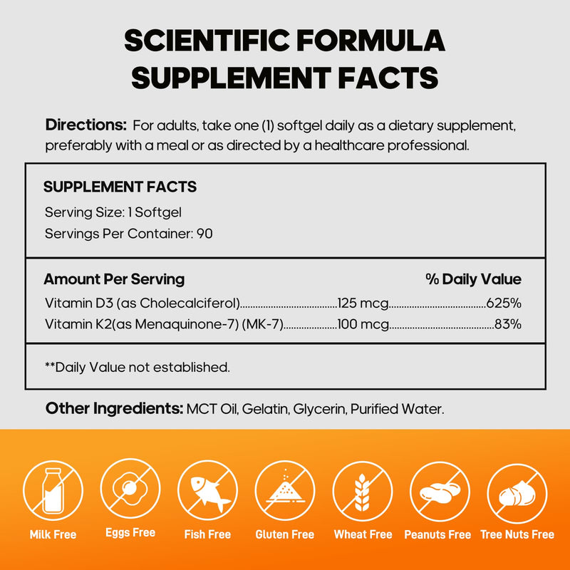 Vitamin D3 K2, Vitamin D3 5000 IU & Vitamin K2 All-Trans MK7 100 mcg | 2-in-1 K2 D3, Vitamin Supplement for Bone Health, Immune Support and Calcium Absorption, 90 Softgels