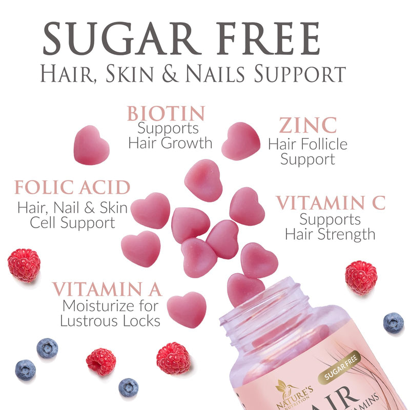 Hair Vitamins Gummies - Sugar Free Hair Growth Support Gummy with Biotin 5000 mcg Per Serving, Vitamin A, B12, C, D, E, Folic Acid - Supports Strong Beautiful Hair and Nails, Vegetarian - 120 Gummies 120 Count (Pack of 1)