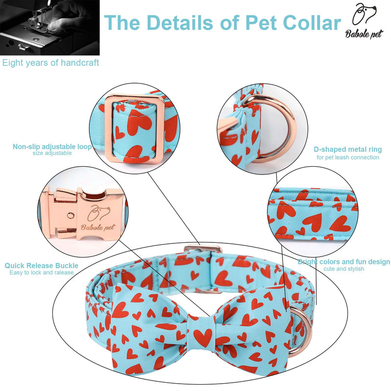 Valentine's Day Dog Collar with Bow - Red Heart Pattern Blue Bowtie Dog Collar Adjustable Heavy Duty Valentines Dog Collars for Small Medium Large Dogs XL B-Blue Red Heart-L - BeesActive Australia