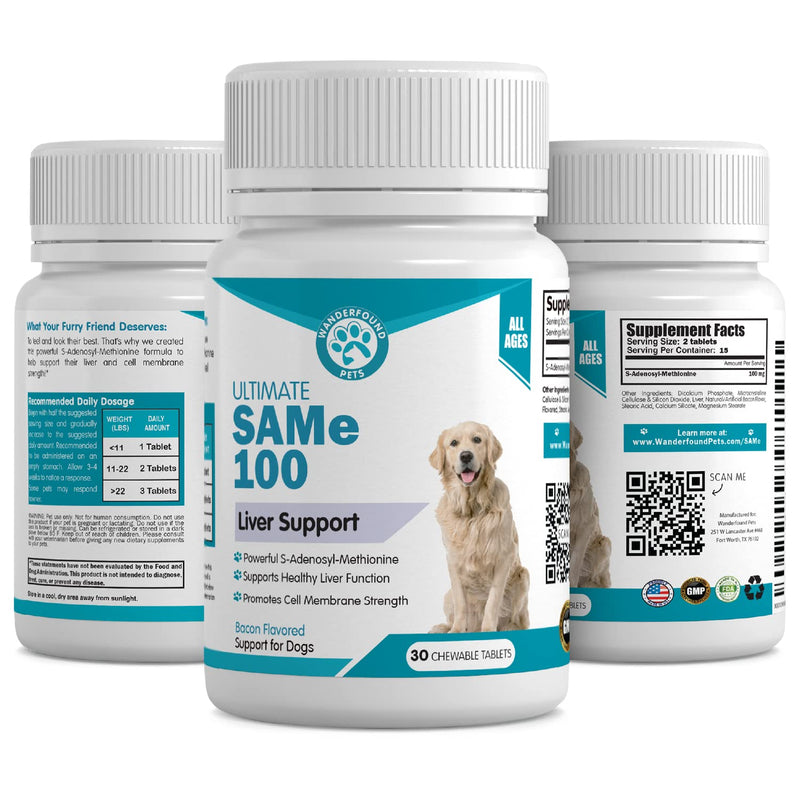 Wanderfound Pets Same 100 Liver Support for Dogs - Same S-Adenosyl-L-Methionine Hepatic Supplement for Liver & Brain Support - Bacon Flavored Sam E, Manufactured in the USA - 30 Chewable Tablets