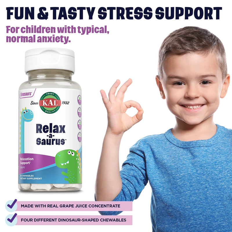 KAL Relax-a-Saurus, Stress Support Supplement for Kids, L-Theanine for Children with Herbal Stress Relief & Relaxation & Blend, Delicious Natural Grape Flavor, 60-Day Guarantee, 30 Chewables | Kids Stress & Calm Support - L-Theanine, Chamomile & Passio...