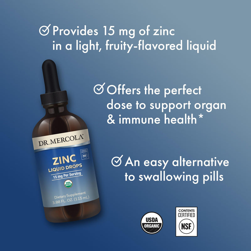 Dr. Mercola Organic Zinc Liquid Drops, 15 mg per Serving, 3.88 fl oz (115 ml), about 28 Servings, Dietary Supplement, Supports Immune and Organ Health, Non GMO, USDA Organic, NSF Certified 3.88 Fl Oz (Pack of 1) - BeesActive Australia