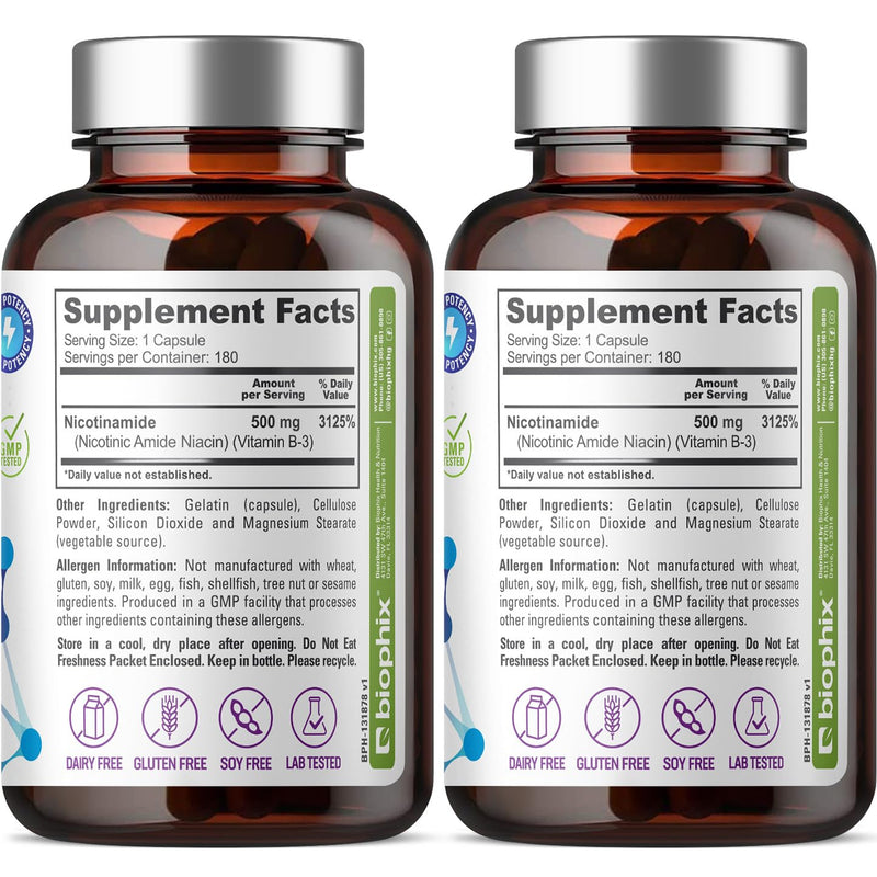 biophix B-3 Nicotinamide 500 mg 180 Caps 2 Pack - Nicotinic Amide Niacin Natural Flush-Free Vitamin Formula - Supports Skin Cell Health 360 Count (Pack of 1)
