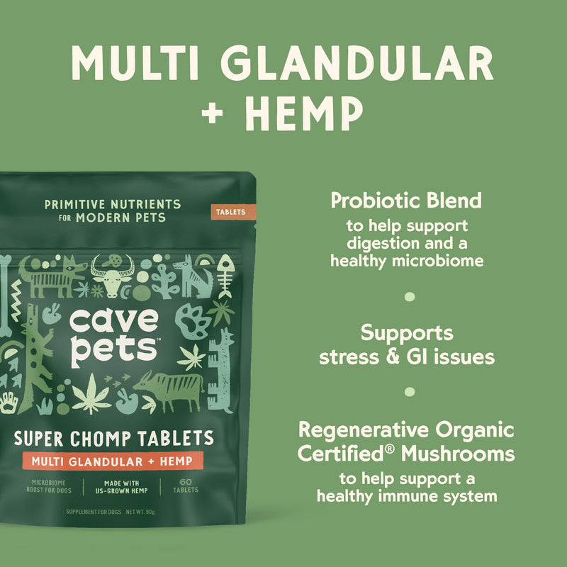 Super Chomp Tablets, Dog Probiotic Supplement for Digestive Health and Natural Relaxation, Multi-Glandular & Hemp, 60 Tablets Multi Glandular + Hemp - PawsPlanet Australia