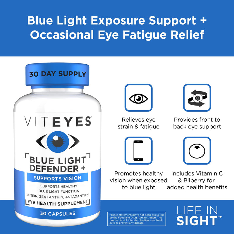 Viteyes Blue Light Defender+ Supplement Capsules, Dietary Safeguard from Harmful Blue Light, 30 Capsules 30 Count (Pack of 1)