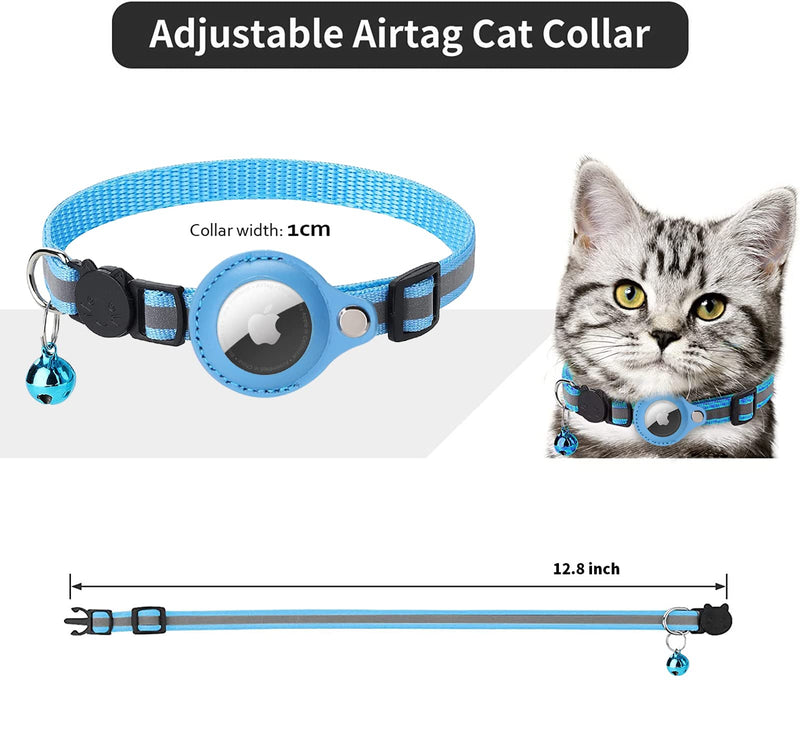 KOCNYDEY Reflective AirTag Cat Collar, Anti-Lost Cat Tracker Collar with Adjustable Holder & Integrated Bell Apple Air Tag Cat Collar for Cats Small Dogs Puppies (Blue) Blue - BeesActive Australia