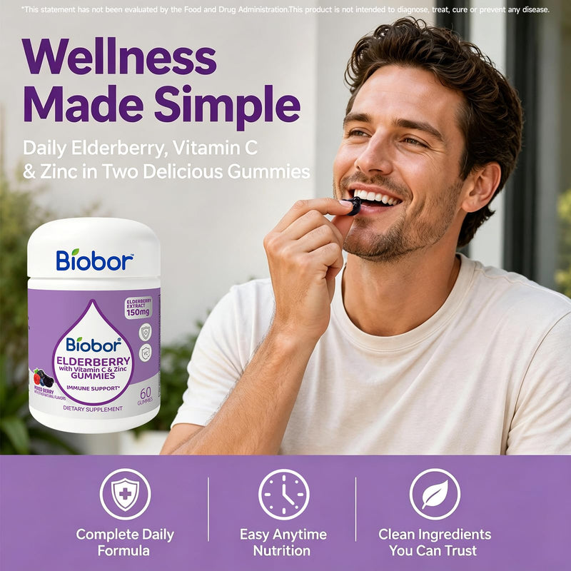 Biobor Elderberry Gummies with Vitamin C & Zinc, 150mg Elderberry, 120 Ct | 150mg Elderberry Extract, Daily Wellness Support Gummies, Vegan-Friendly, Non-GMO, Gluten Free, Mixed Berry Flavor Natural Berries 60 Count (Pack of 2)