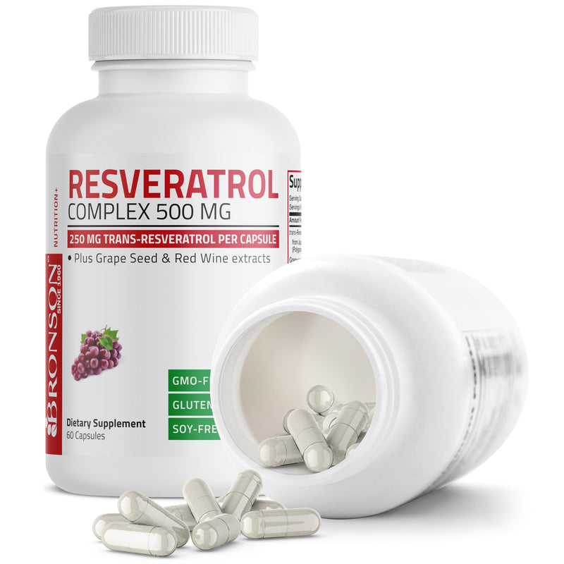 Bronson Resveratrol Complex 500 mg with Grape Seed & Red Wine, 60 Capsules | trans-Resveratrol from Japanese Knotweed, Healthy Aging & Cellular Support, Non-GMO, Gluten-Free & Soy-Free 60 Count (Pack of 1)
