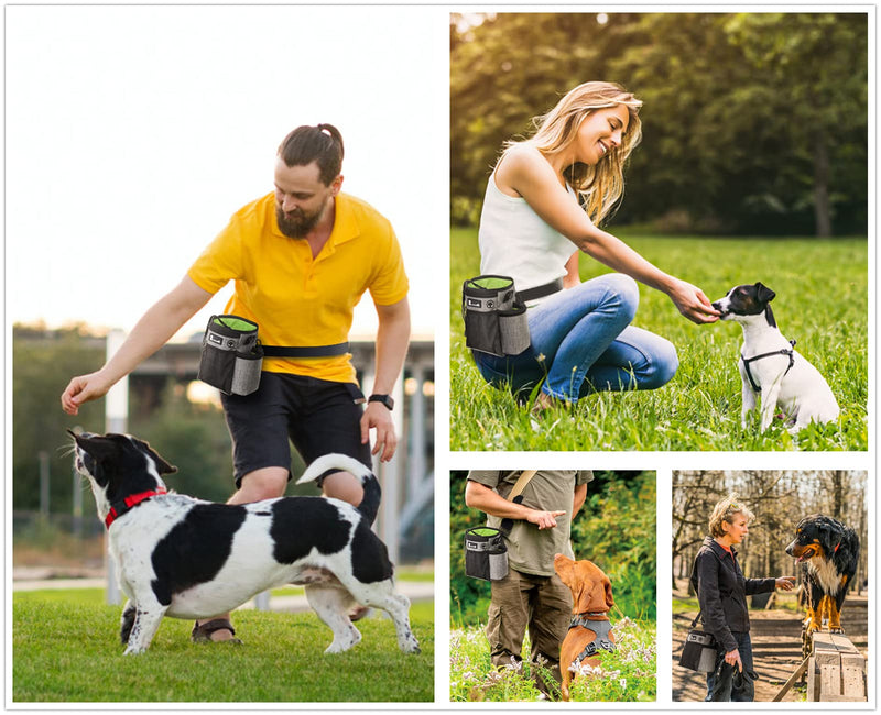 Pecute Dog Treat Pouch, Hands-Free Dog Training Bag with Shoulder Strap Waist Belt Metal Clip and Foldable Bowl, Built-in Poop Bag Dispenser, 3 Ways to Wear Suitable for Training Walking (Grey) Grey + Green Upgrade Large - BeesActive Australia